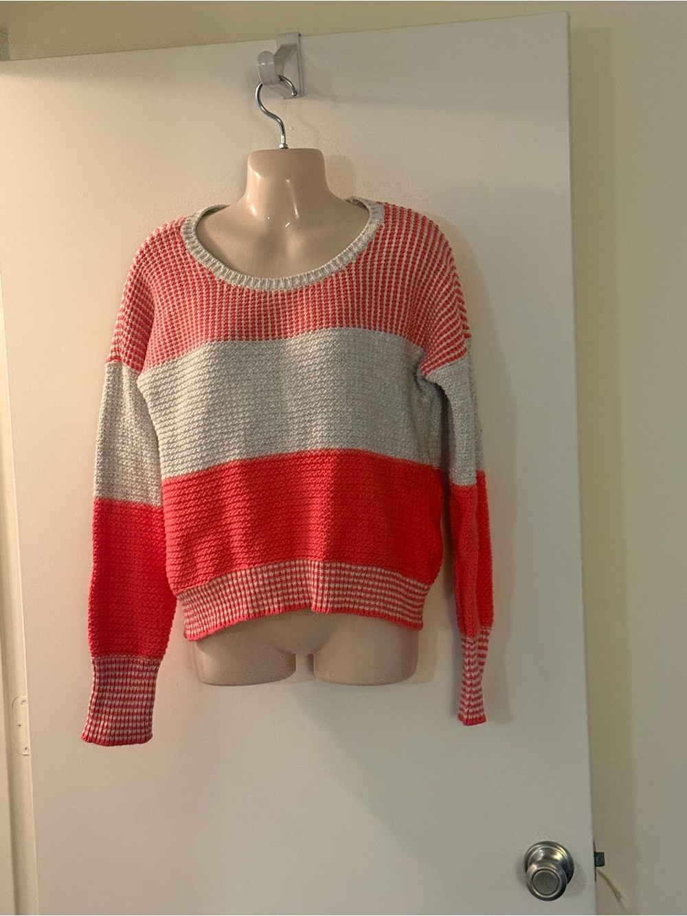 Victoria's Secret Coral and Light Gray Striped Knit Sweater B4